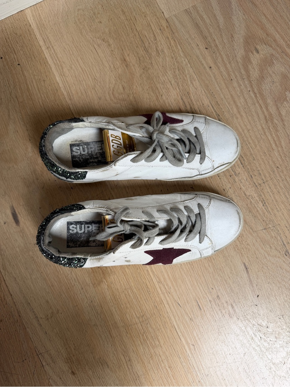 Golden Goose White Sneakers with Burgundy Star and Black Glitter Heel